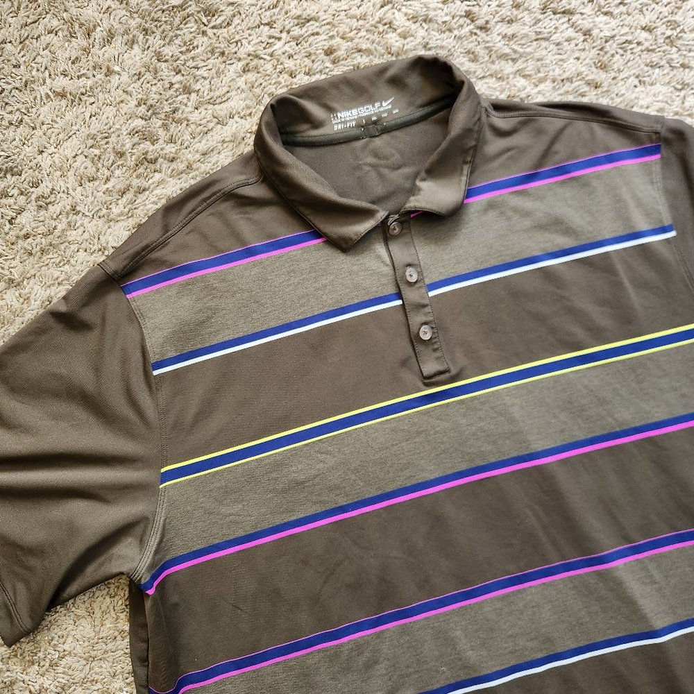 Nike Golf Polo DriFit Brown Striped Men's 2XL XXL Stretch Fabric Wicking 2011